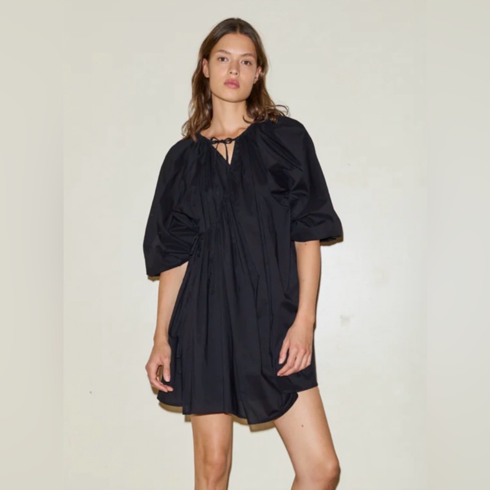 Puff-Sleeve Black Mini Dress with Tie Neck